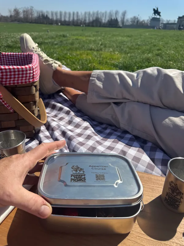 A Forest Park Picnics appetizer course tin and basket set up on a checkered blanket at Art Hill in Forest Park, St. Louis