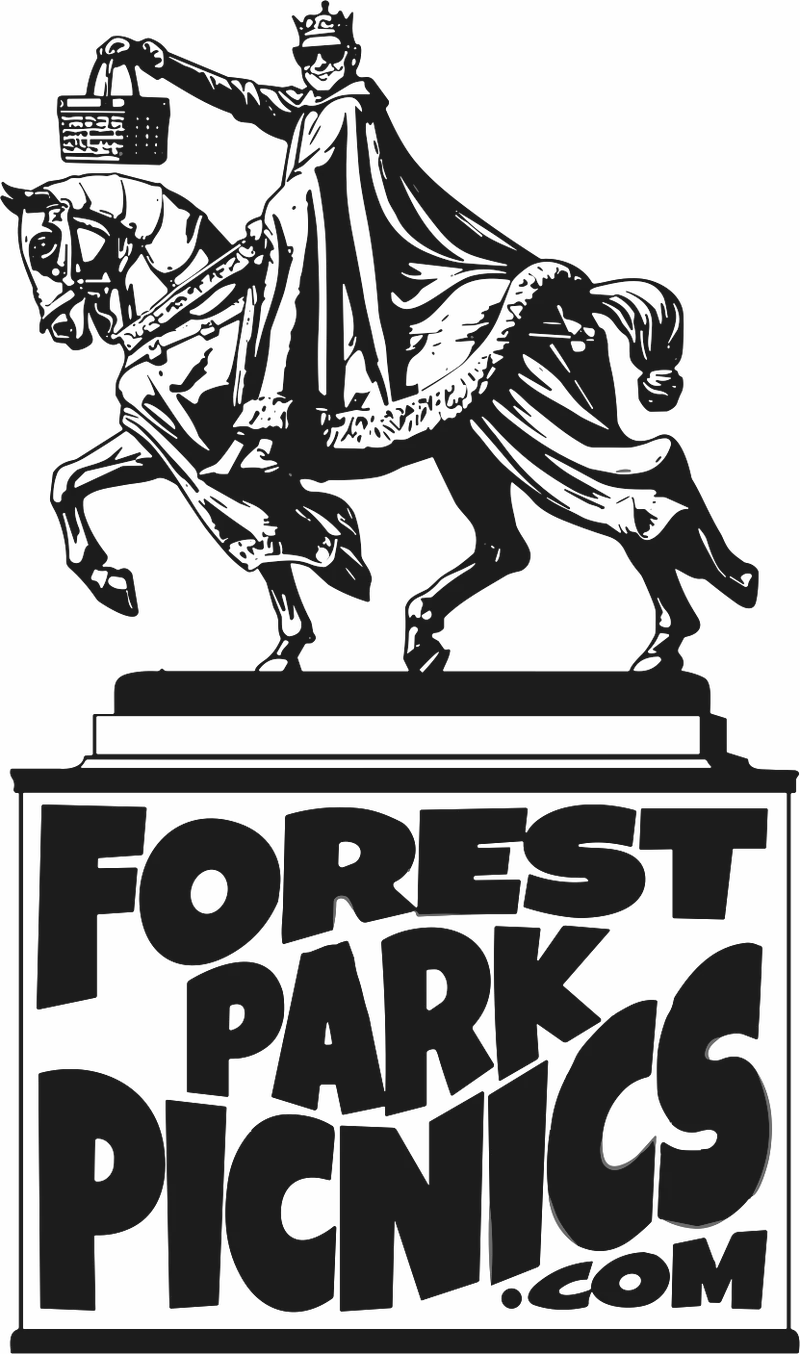 Forest Park Picnics logo: a crowned king on horseback holding up a picnic basket